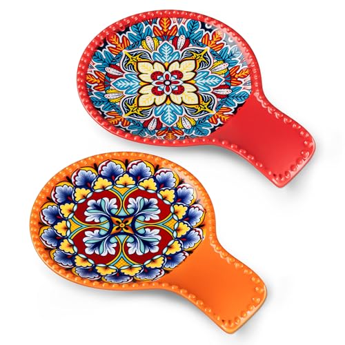 vancasso 7.7 Inch Ceramic Spoon Rest Set of 2, Bohemian Spoon Holder, Light