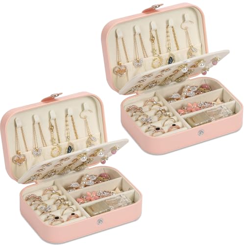 Travel Jewelry Box, PU leather Small Jewelry Organizer For Female Girls, double layer portable mini travel case for storing earrings, rings, necklaces.(pink 2pcs) 2 pink