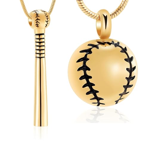 Hearbeingt 2 Pcs Baseball & Bat Urn Necklaces for Ashes Cremation Jewelry Gold