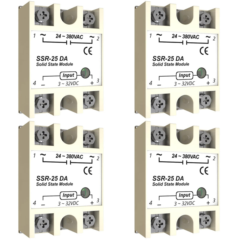 4PCS Solid State Relay ，MAKERELE SSR-25DA Input 3-32V DC to Output 24-380V AC 25A Single Phase Semi-Conductor Relay Module 25A-DA 4