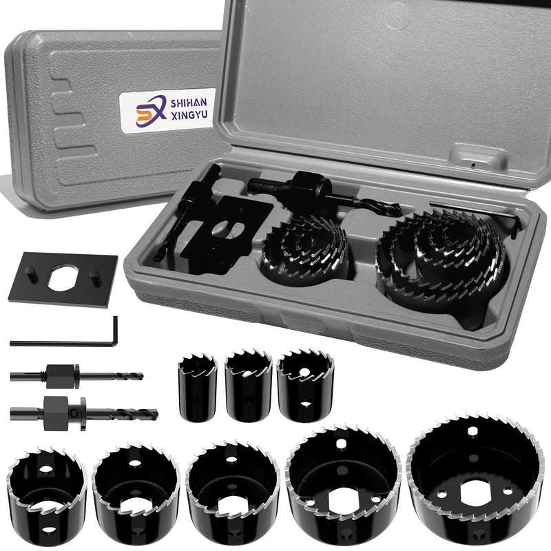 [Australia - AusPower] - 12-Piece Hole Saw Kit, Includes 8 Sizes (3/4" to 2-1/2"), Arbors, Drill Bits, and Hex Key, Ideal for Softwood, Plywood, and PVC (Black) Black 
