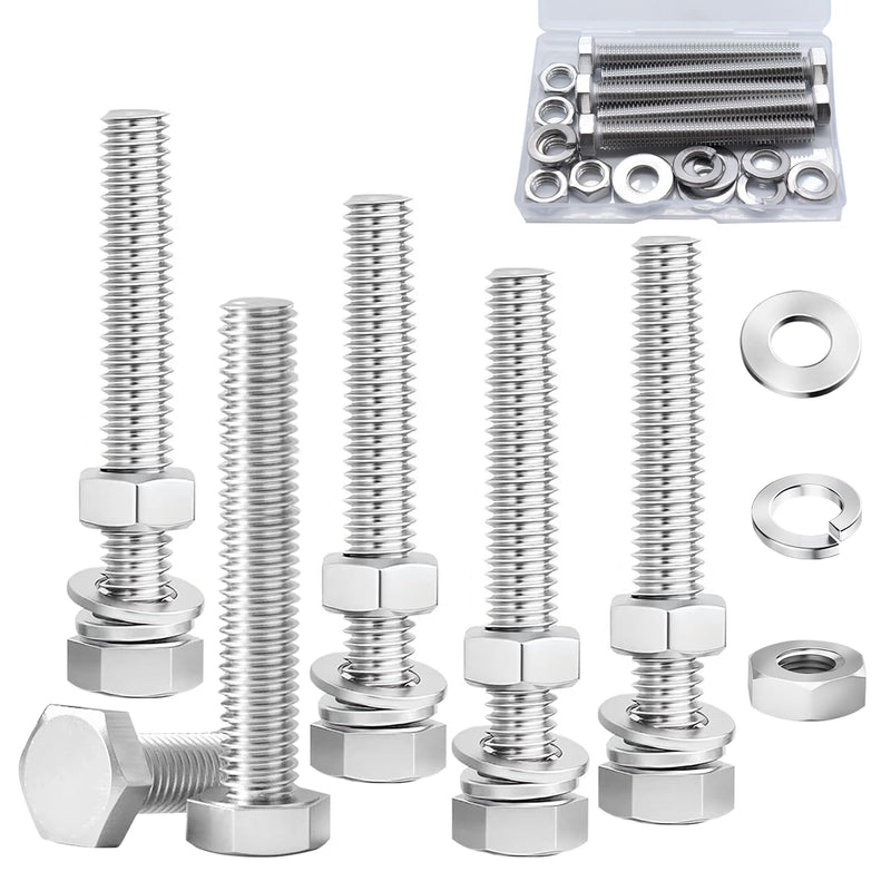 [Australia - AusPower] - 5 Sets 3/8-16×3" Stainless Steel Hex Head Screws Bolts, Nuts, Flat & Lock Washers, 18-8(304) Full Thread Silver 3/8-16 × 3"（5 Sets） 