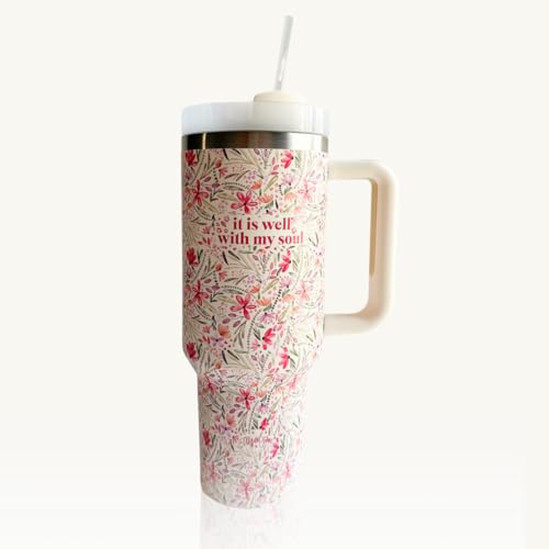 Elly and Grace Christian Steel Tumblers, Christian Bible Cups for Women, Spill Safe Straw Included (It Is Well, 40oz) White 40 Ounces