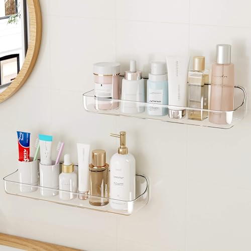UDD Acrylic Clear Shower Caddy Adhesive Shelf, 2pc Plastic Shower Organizer with Self Adhesive Tape, No Drilling Wall Mount Shower Shelves for Bathroom Kitchen, Transparent 2Pack