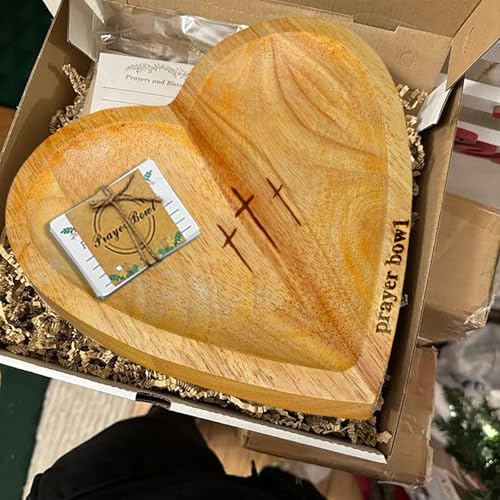 Heart Shaped Prayer Bowl with 24 Cards - Wooden Religious Dough Bowl with Cross for Christian Congregation Gifts Yellow