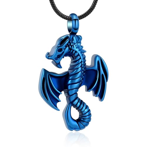 Dragon Urn Necklace for Ashes Viking Cremation Jewelry Stainless Steel Memorial Necklaces Ash Holder for Human Pets Keepsake Jewelry with Fill Tool Blue