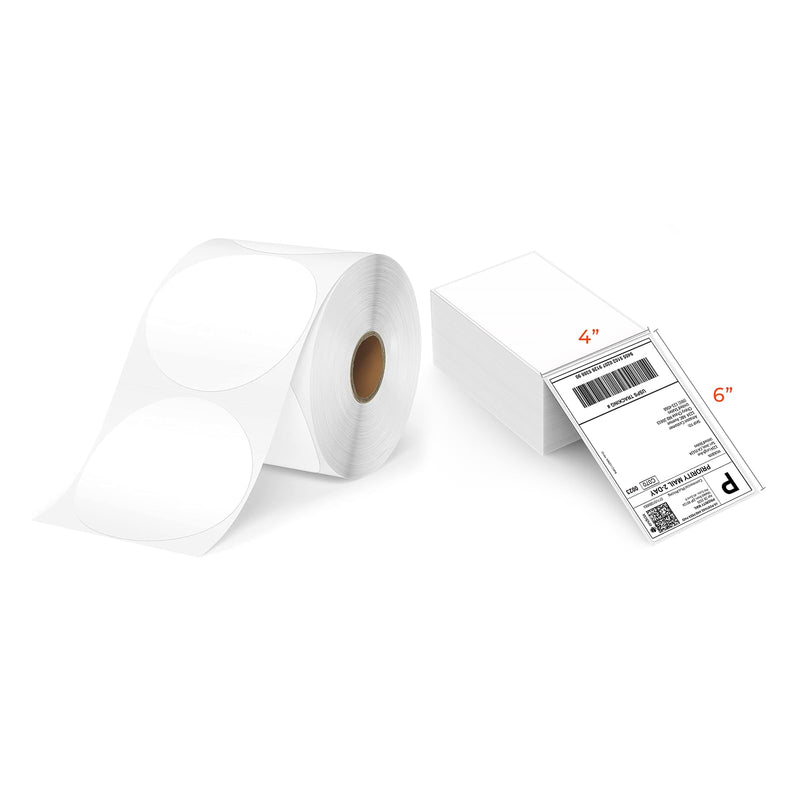 3 Inch White Circle Thermal Sticker Labels+Thermal Direct Shipping Label (Pack of 500 4x6 Fan-Fold Labels)