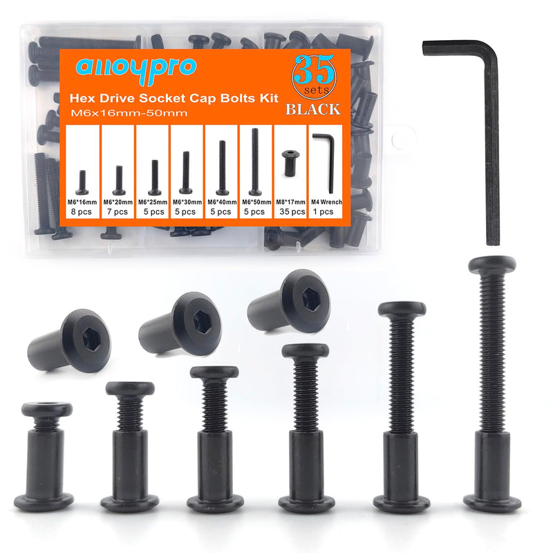 [Australia - AusPower] - Black M6 Hex Drive Socket Cap Bolts Screws Kit,30-Sets Binding Post Screws Socket Cover Connecting Bolt Fixing Post Screw for Furniture Chair Crib Table Cabinets,M6x16mm/ 20mm/ 25mm/ 30mm/ 40mm/ 50mm Black Black-6sizes-35sets 