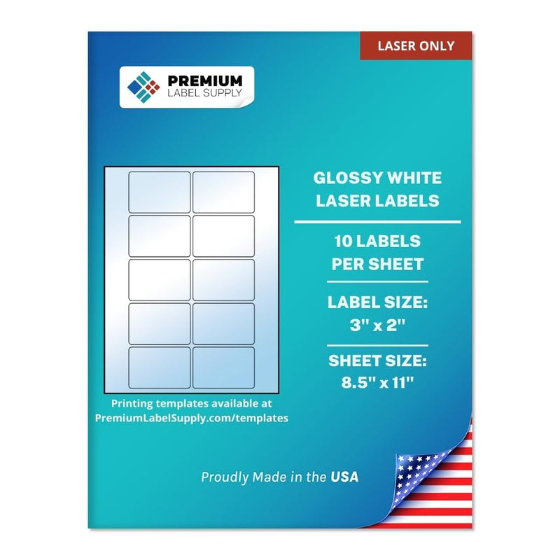 Premium Label Supply Glossy White Sticker Labels – 3" x 2" – (10 per Sheet) (Glossy White for Laser Only, 250 Labels) Laser Glossy White