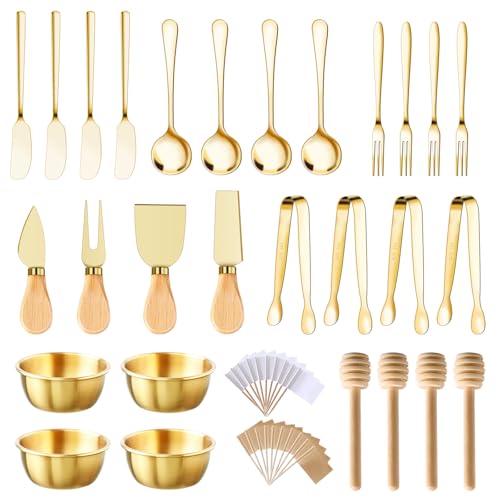 48 Pcs Charcuterie Boards Accessories Butter Spreader Knives Set Stainless Steel Cheese Mini Serving Tongs Spoons Forks Dipping Bowls Toothpick Flags Utensils for Pastry Making Wedding Christmas(Gold) Gold 48Pcs