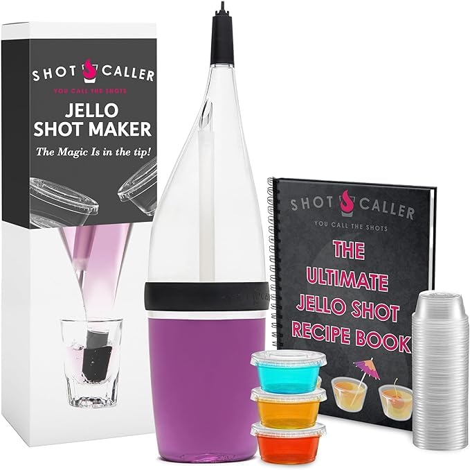 Ultimate Jello Shot Party Pack Kit - Shot Caller Dispenser with Patented Spring Tip + Exclusive Recipe Book + 100 Count 2 oz Cups with Lids | No-Mess Fast Filling for Parties & Halloween