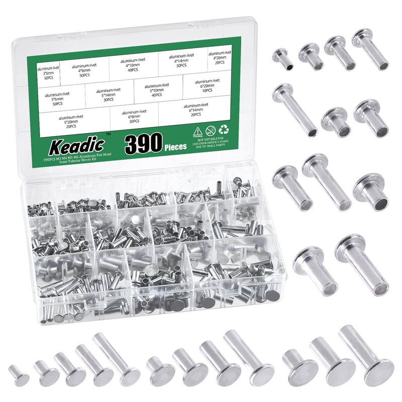 [Australia - AusPower] - Keadic 390Pcs M4 M5 M6 Aluminum Flat Head Semi-Tubular Rivets Assortment Set, 12 Sizes Silver Tone Metal Stud Fasteners for Leather Household Automobile Industry M4 M5 M6 Assortment Set 