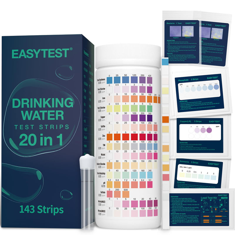 [Australia - AusPower] - EASYTEST 20 in 1 Drinking Water Test Kit - Well Water Testing Kit - Water Test Strip for House Water for pH, Hardness, Chlorine, Lead, Iron, Bacteria & More 20 in 1 Drinking Water Testing Kit 