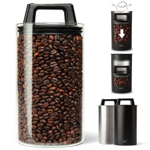 KIVY Vacuum Coffee Canister - Push Lid Preserves Coffee Aroma & Oil - Glass Medium