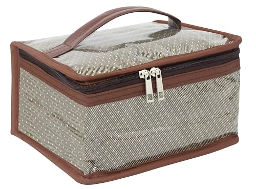 atorakushon Nylon MakeUp Organizer Case Travel Jewelry Bag Transparent Ring Earring Storage Box for Bracelet Pendant Holder with 7 Clear Zippered Pouch Brown
