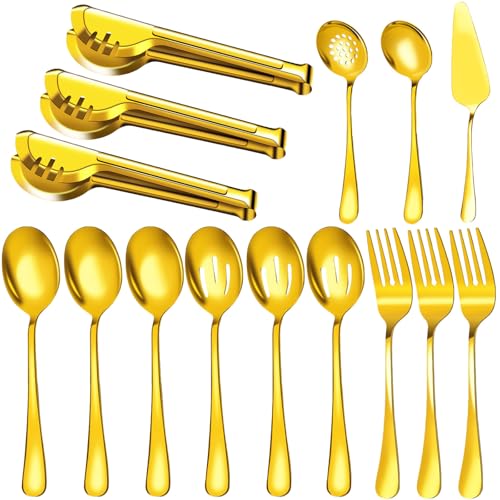 Serving Utensils, 15 Pcs Stainless Steel Large Flatware Serving Tools Kit 15 Pack Gold