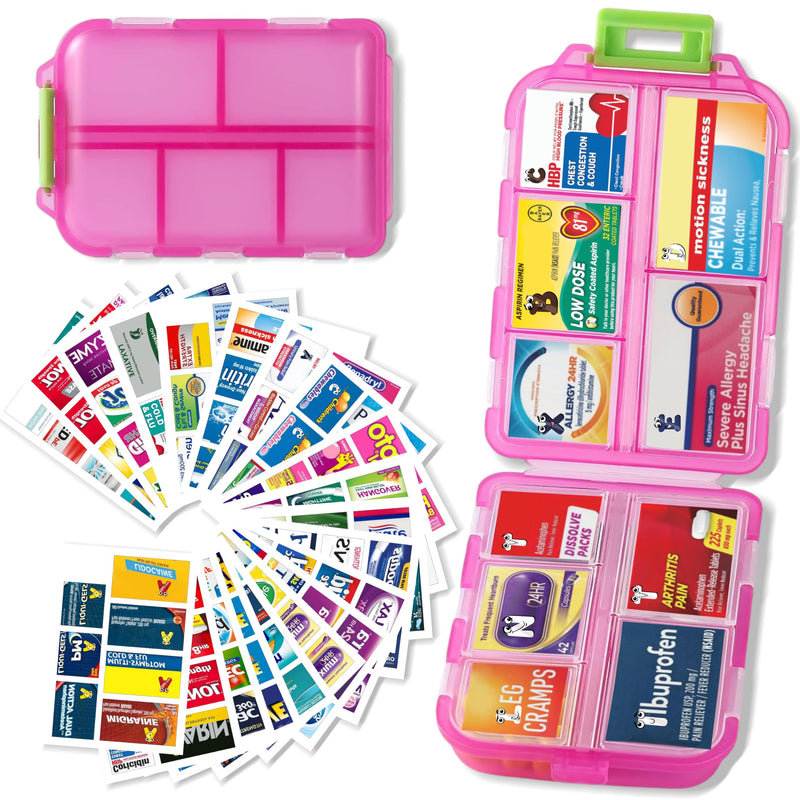 [Australia - AusPower] - Pill Organizer with Medicine Labels Travel Daily Pill Container Mini Medication Organizer Storage Pill Organizer Pill Case 7 Day Pill Organizer(Pink, 161 Lables) Pink Pill Box with Stickers 