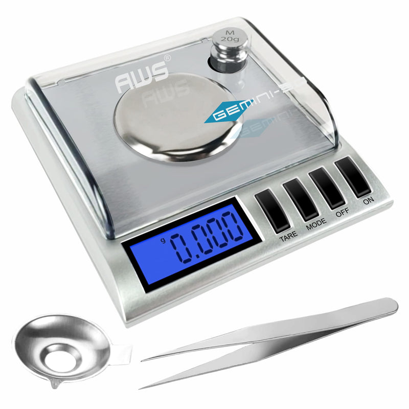 [Australia - AusPower] - AWS Gemini-50 Milligram Scale 50g x 0.001g – Digital Jewelry/Lab Scale for Powder, Gold, Gems – Includes Calibration Weights, Tweezers & Tray – Tare, Cal, 6 Units, Pocket Size Mg Scale (Silver) Gemini - 50 - Silver 