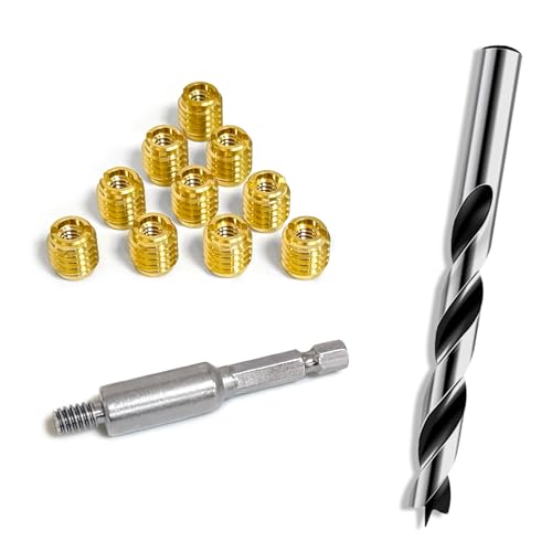 Threaded Inserts for Wood, Installation Kit, Brass, Includes 1/4-20 Knife Thread Inserts (10pcs), Drill, Installation Tool