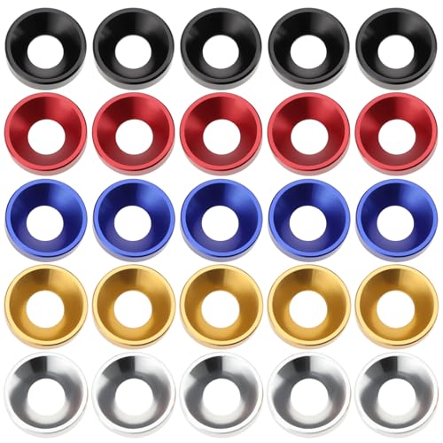 25pcs M6x14x3.5mm colourful alloy aluminum countersunk washers in black, red, blue, silver and gold