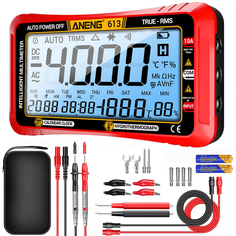 ANENG Digital Multimeter Tester,4000 Counts Voltage Tester,Auto-Ranging TRMS Volt Meter,Large LCD Ohm Meter Measures AC/DC Current,Voltage,Resistance, Diode,Continuity,Capacitance,Temperature(Red) 613 Red Large Screen