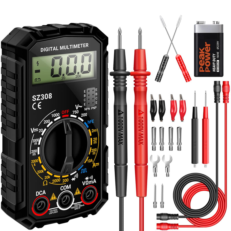 [Australia - AusPower] - ANENG Multimeter,SZ308 DC AC Volt Meter,Ohm Digital Multimeter Tester,Measures Voltage,Current,Resistance,Continuity,Diodes, Electrical Tester for Househould Tools,Automotive Battery Test SZ308 Black (With 16-piece test set) 