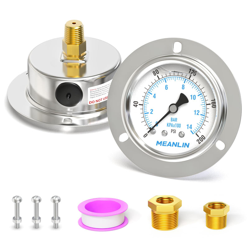 [Australia - AusPower] - MEANLIN MEASURE 0~200Psi Liquid Filled Pressure Gauge Front Flange Panel Mount, 1/4" NPT 2.5" FACE DIAL Stainless Steel Case with Phillips Screw, Nut and Brass Hex Bushing, +/-3-2-3% 