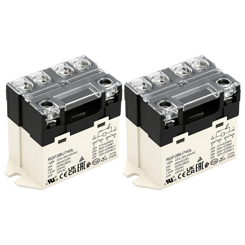 2 Pack General Purpose Relay, RGF2BU740L, 25A 200-240VAC Coil Voltage, 6Pin Double Pole Single Throw Normally Open Contacts, with LED Indicator Light and Protection Cover 2 AC 220V