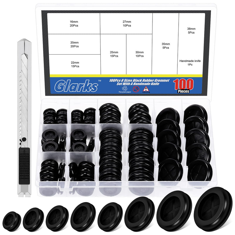 Glarks 100Pcs 16/20/22/25/27/30/35/38mm Double Sided Rubber Grommet Set, 8 Sizes Black Round Rubber Hole Plugs Closed Firewall Hole Plug Rubber Gasket for Wire, Cable Protection 101