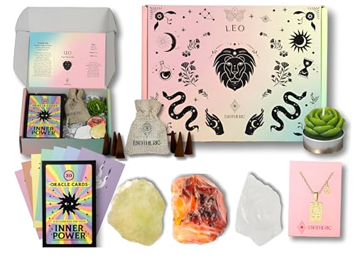 ESOTHERIC Leo Birthday Gifts for Women- Zodiac Gifts Box Set with Crystals, Oracle Card Deck, Zodiac and Constellation Necklace, Succulent Candle, Incense Cones, Horoscope and Crystal Guide