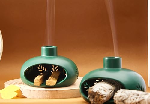 Incense Holder for Palo Santo Sticks Sage Bundles Cone Incense, Handcrafted Ceramic Incense Burner Holder with Chimney, Smudge Bowl for Spiritual Gift, Home Décor