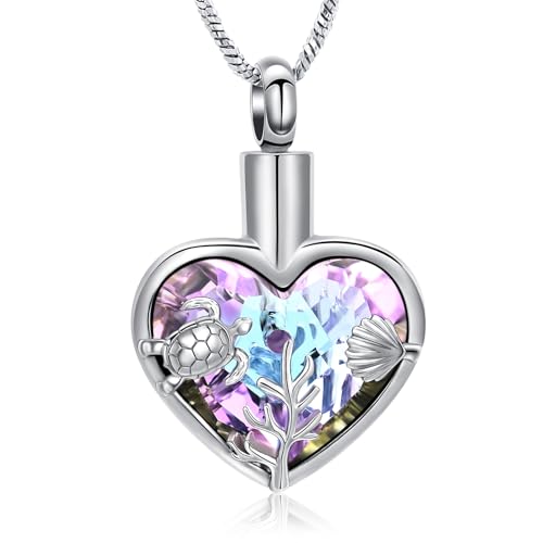 Hearbeingt Sea Turtle Heart Urn Necklaces for Ashes Cremation Jewelry Purple-Silver