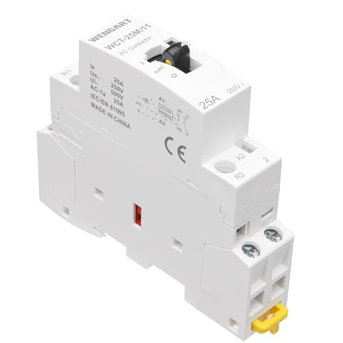 Wengart Humm-Free Installation Contactor 25A AC 230V - 1NO + 1NC (1 N/O Contactor, 1 Opener) - with Manual Control Manual Control - 18 mm (1 TE) - Silent Contactor for Load Dropping & Maintenance 1NO1NC