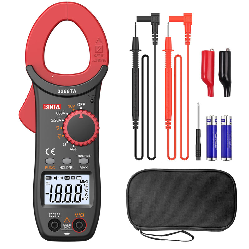 BINTA Current Clamp 600A 2000 Counts TRMS Auto Ranging AC/DC Current | Digital Current Meter Clamp Meter with LED Backlight AC/DC for Voltage Current Resistance Diodes NCV 2,000 count