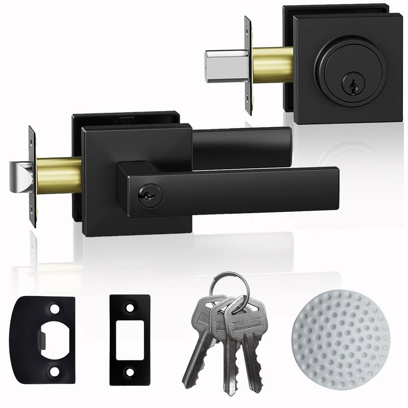Exterior Door Handle,Entry Door locksets with deadbolt | Front Door Handle and Deadbolt Set,Matte Black Keyed Alike Heavy Duty Door Lever Locksets Right & Left Sided Doors 1 Pack