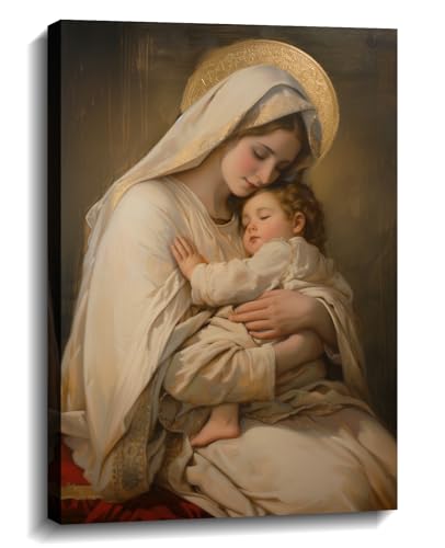 KPLUNDO Virgin Mary Wall Art Mother Mary Hold Baby Jesus Canvas Prints Religious Wall Decor Christian Artwork Home Decor for Living Room Bedroom Bathroom Office,16.00x24.00 inch 24"L x 16"W Virgin Mary Holding the Baby Jesus - 1