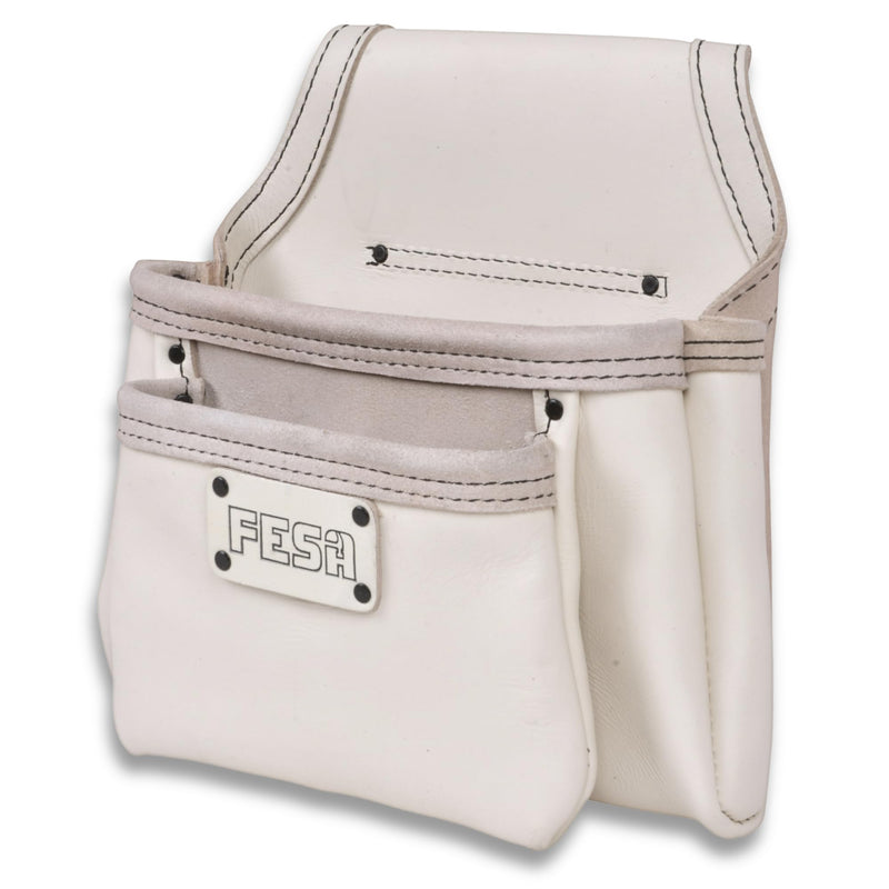 FESA 2 Pocket Nail Pouch for Tool Belts - Leather Screw Pouch with 2 Extra Large Pockets for Fasteners - Heavy Duty Rivets & Stitching - Fits Tool Belts up to 3" - Handcrafted White