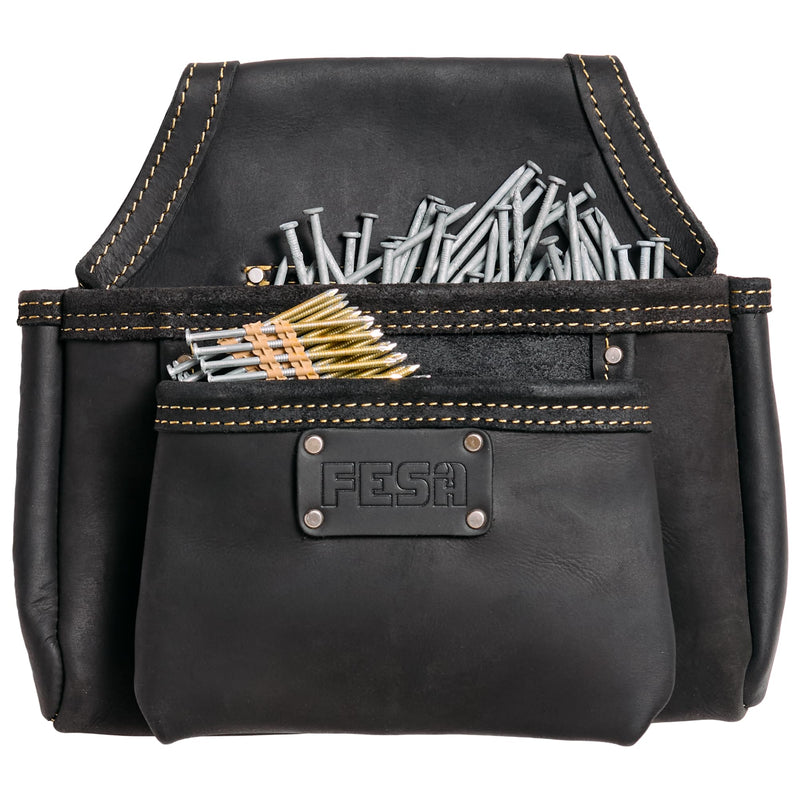 FESA 2 Pocket Nail Pouch for Tool Belts - Leather Screw Pouch with 2 Extra Large Pockets for Fasteners - Heavy Duty Rivets & Stitching - Fits Tool Belts up to 3" - Handcrafted Black