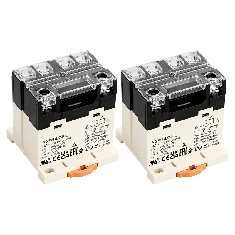 [Australia - AusPower] - 2Pack General Purpose Relay, RGF2BD740L, 25A 200-240VAC Coil Voltage, 6Pin Double Pole Single Throw Normally Open Contacts, with LED Indicator Light and Protection Cover, 35mm DIN Rail Mount 2 AC 220V 
