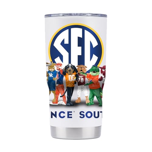 Gametime Sidekicks SEC 20oz White Tumbler - Officially Licensed, 18/8 Stainless Steel, Double-walled, Vacuum-insulated, UV LED Printed Logos - Mascot