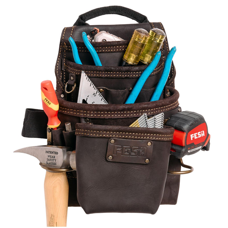 FESA Leather Carpenter Tool Pouch - 10-Pocket Heavy Top Grain Leather Carpenter Pouch with 2 Hammer Loops, Tape Clip, Large & Small Pockets - Fits Work Belts up to 3" - Handcrafted Brown