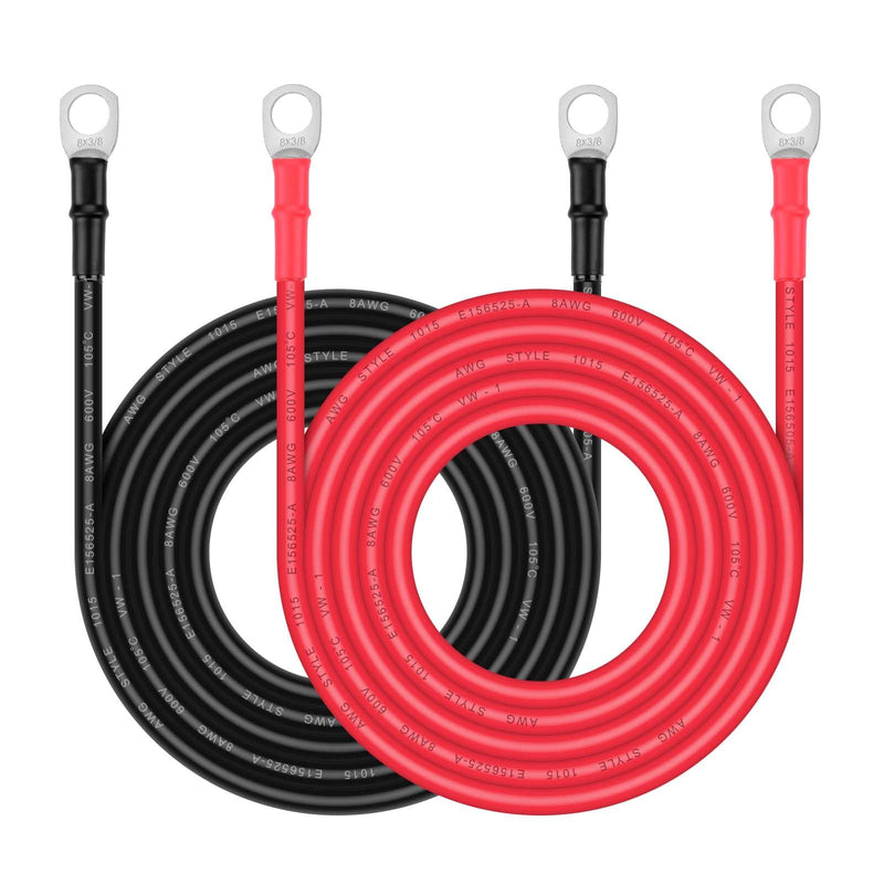 Battery Cable - iGreely 8 AWG 8 Gauge Wire Made with Tinned Copper Wire Battery Power Inverter Cables with 5/16" Lugs Terminals for Solar Panel Automotive Motorcycle RV Marine 10ft/3m 10 ft. 5/16 in. Lugs both ends