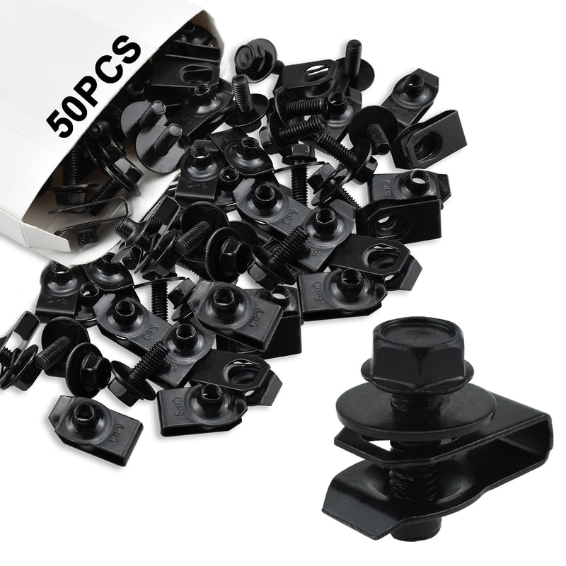 [Australia - AusPower] - 50PCS M6-1.0 Extruded U Nuts & Hex Head Body Bolts Kit for GM Ford Chevy Chrysler Jeep Dodge, Automotive Body Bolt & U-Nut Clips, Bumper Fender Liner Push Pull Metal Rust-Resistant U Retainer (Black) 