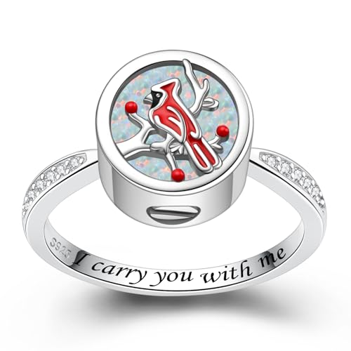 Circle Red Cardinal Urn Ring for Ashes - Sterling Silver Cremation Keepsake Ring with Opal Stone for Women 7