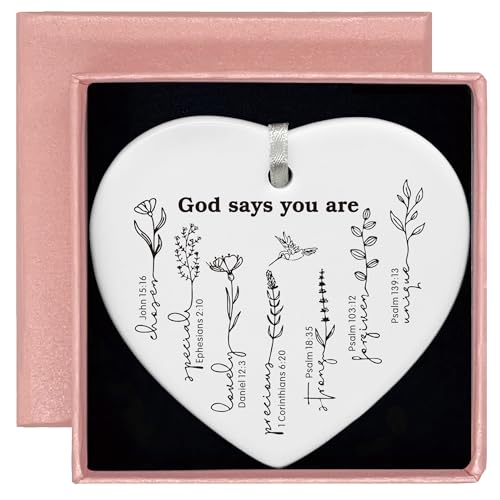 Heart Shaped White Ceramic Ornament-Christian Scripture Gift for Women-God Says You are Affirmation Religious Bible Verse Keepsake-Inspirational Birthday or Graduation Ornament Home Decor 242-God Says You Are chosen