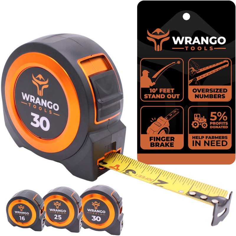 Wrango Tools 30 FT Tape Measure - Retractable Measuring Tape - Oversized & Double-Sided Print - Blade Lock, Finger Brake - High Performance Nylon Coating, 10' Stand-Out - 13' Reach / 1-1/16" Blade Single