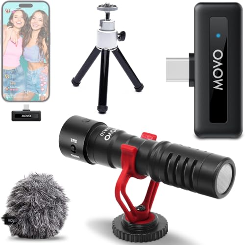 Movo VXR10 Shotgun Mic with WM-VXR10 Wireless USB-C Microphone Adapter and Tripod - for USB-C Devices Including iPhone 15+, iPad, Computer, Android, and More USB Type-C