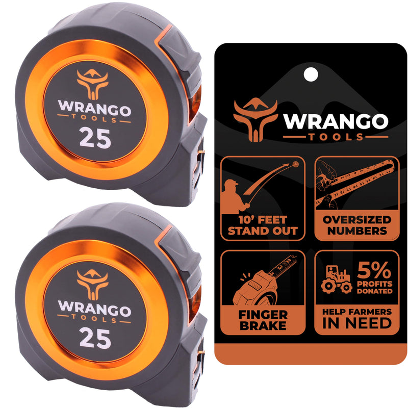 Wrango Tools 25 FT Tape Measure - Retractable Measuring Tape - Oversized & Double-Sided Print - Blade Lock, Finger Brake - Nylon Coating, 10' Stand-Out - 13' Reach / 1-1/16" Blade - 2 PACK 25 FT (2PK) Two Pack