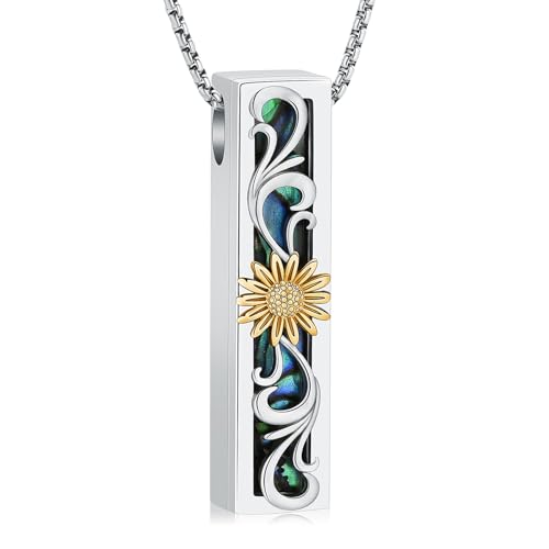 Abalone Shell Urn Necklace for Women Men Tree of Life/Sunflower/Mountain Cremation Jewelry for Ashes Bar Urn Pendant Cremation Ashes Necklace Keepsake Loved Ones Memorial Gift Gold-Sunflower