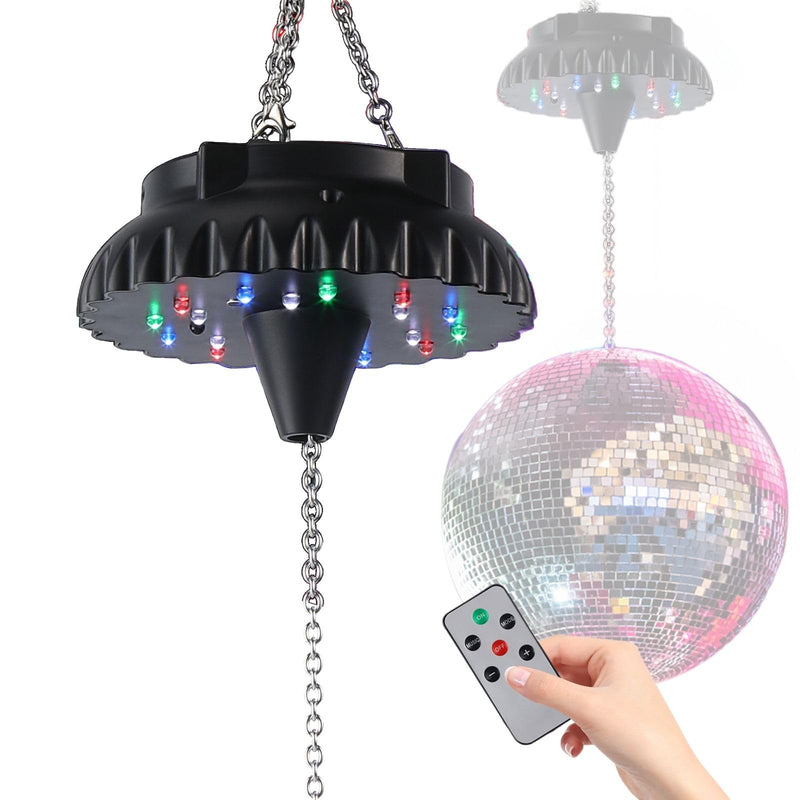 [Australia - AusPower] - Disco Ball Motor Rotating with Light: Rechargeable Disco Ball Spinner with Remote Adjustable Speed - 18 RGBW LED Light for Wedding Party Decor 